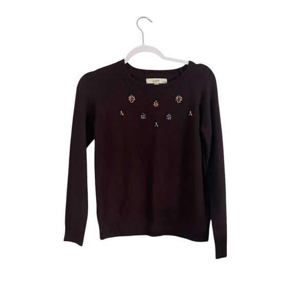 LOFT Womens Sweater XSP Burgundy Embellished Knit Pullover - Picture 1 of 4